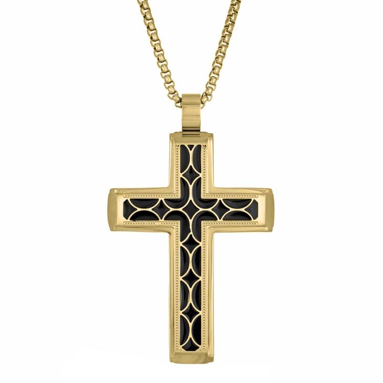 Mens Lynx Gold-Tone Ion-Plating & Black Resin Chain Cross Pendant
