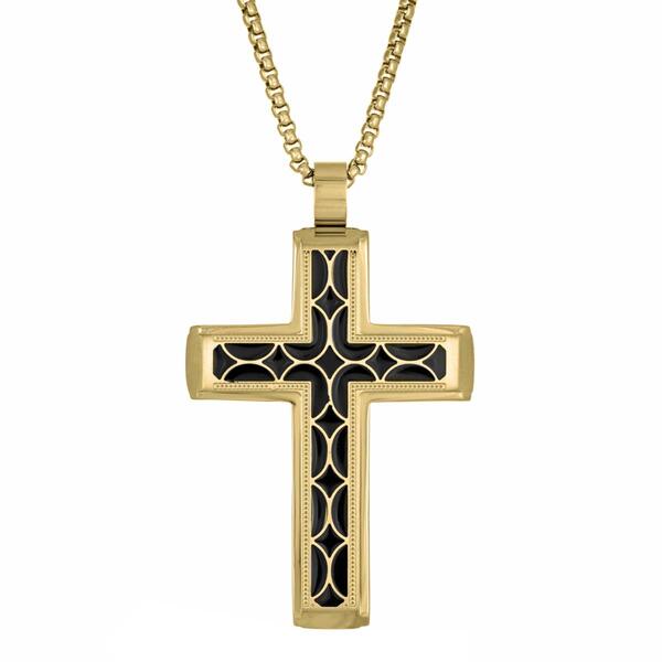 Mens Lynx Gold-Tone Ion-Plating & Black Resin Chain Cross Pendant - image 