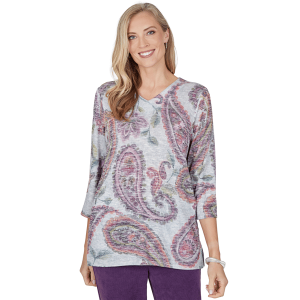 Petite Alfred Dunner Vail 3/4 Sleeve V-Neck Paisley Blouse
