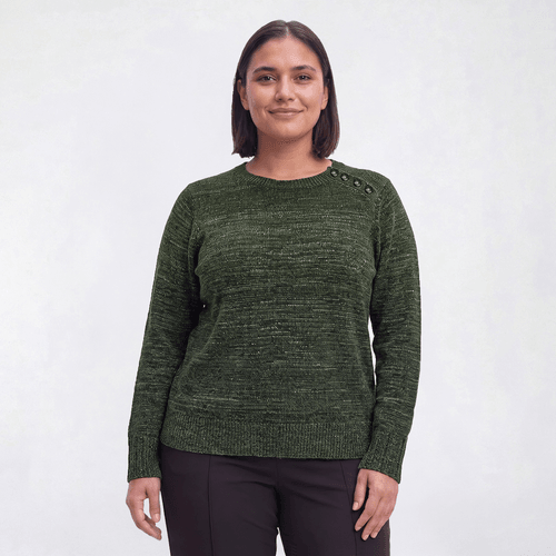 Plus Size Napa Valley Long Sleeve Solid Button Shoulder Sweater