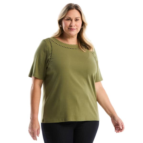 Plus Size Rafaella(R) 3/4 Sleeve Pom Trim Detail Solid Top - image 