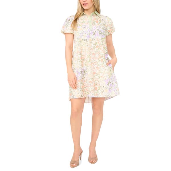Petite MSK Puff Sleeve Ditsy Floral Cotton Poplin Shift Dress