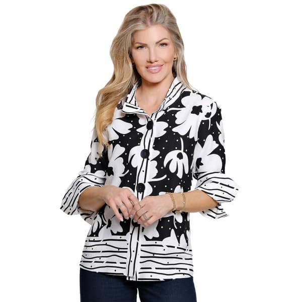 Womens Ali Miles 3/4 Bell Sleeve Striped Hem Big Floral Button F
