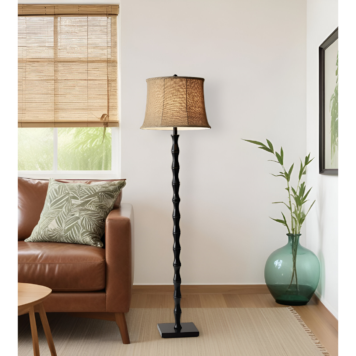 HomeRoots 62in. Brown & Black Floor Lamp With Burlap Shade