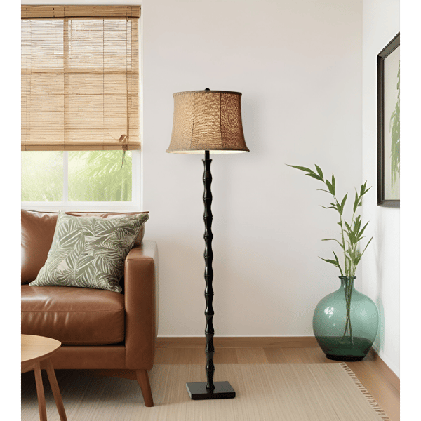 HomeRoots 62in. Brown & Black Floor Lamp With Burlap Shade