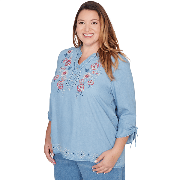 Plus Size Alfred Dunner Austin Floral Denim Tie Sleeve Blouse