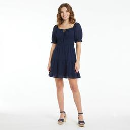 Juniors Jolt Puff Sleeve Ruch Waist Gauze A-Line Dress