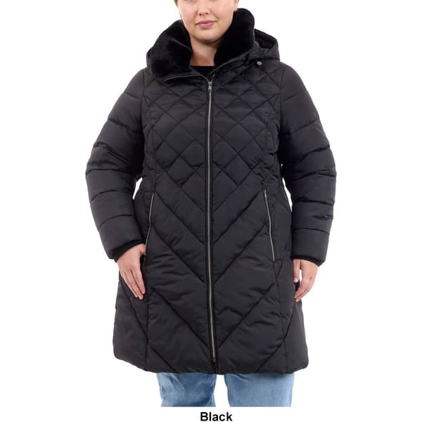 Plus Size London Fog Long Puffer Coat with Faux Fur Club Collar