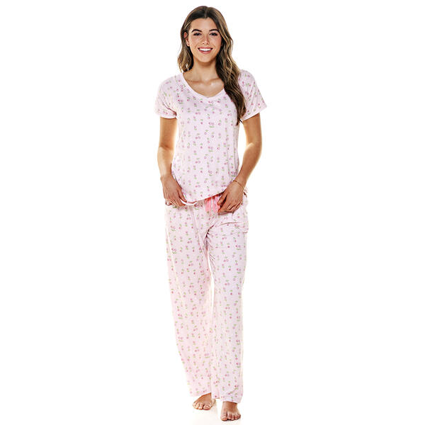 Juniors Pillow Talk Short Sleeve Cherries Print Long Leg Pajamas - image 