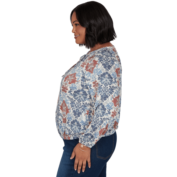 Plus Size Skye’s the Limit Urban Heirloom Tie Neck Damask Blouse