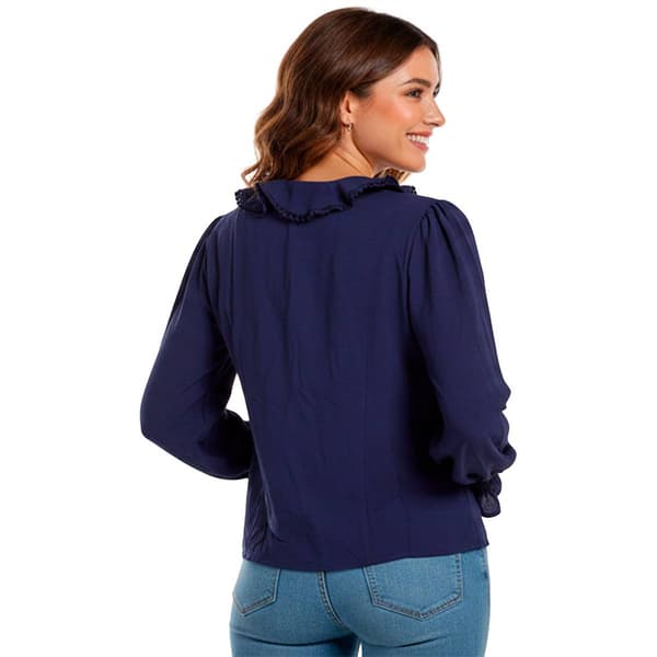 Petite NY Collection Long Sleeve Solid Ruffle Lace Trim Blouse