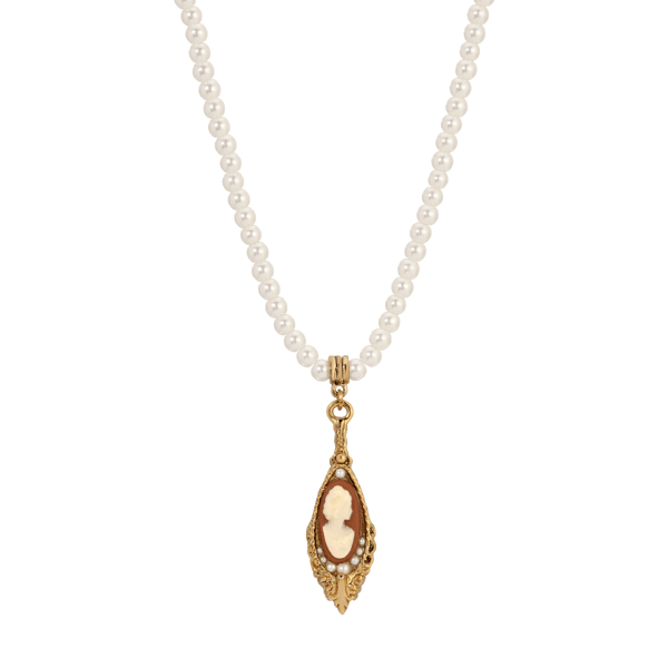 1928 15in. Carnelian Cameo Faux Pearl Necklace - image 