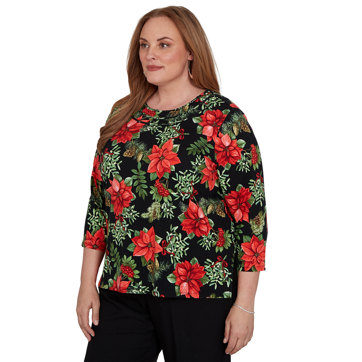 Plus Size Alfred Dunner Classics 3/4 Sleeve Poinsettia Blouse