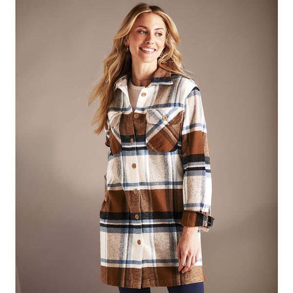 Petite da-sh Long Sleeve Plaid Shacket - Coffee/Blue - image 