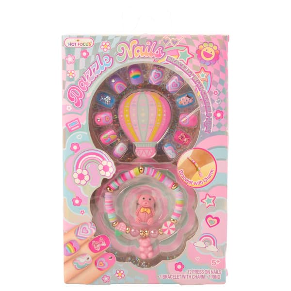 Girls Hot Focus Dazzle Press on Nails & Bracelet Air Balloon - image 
