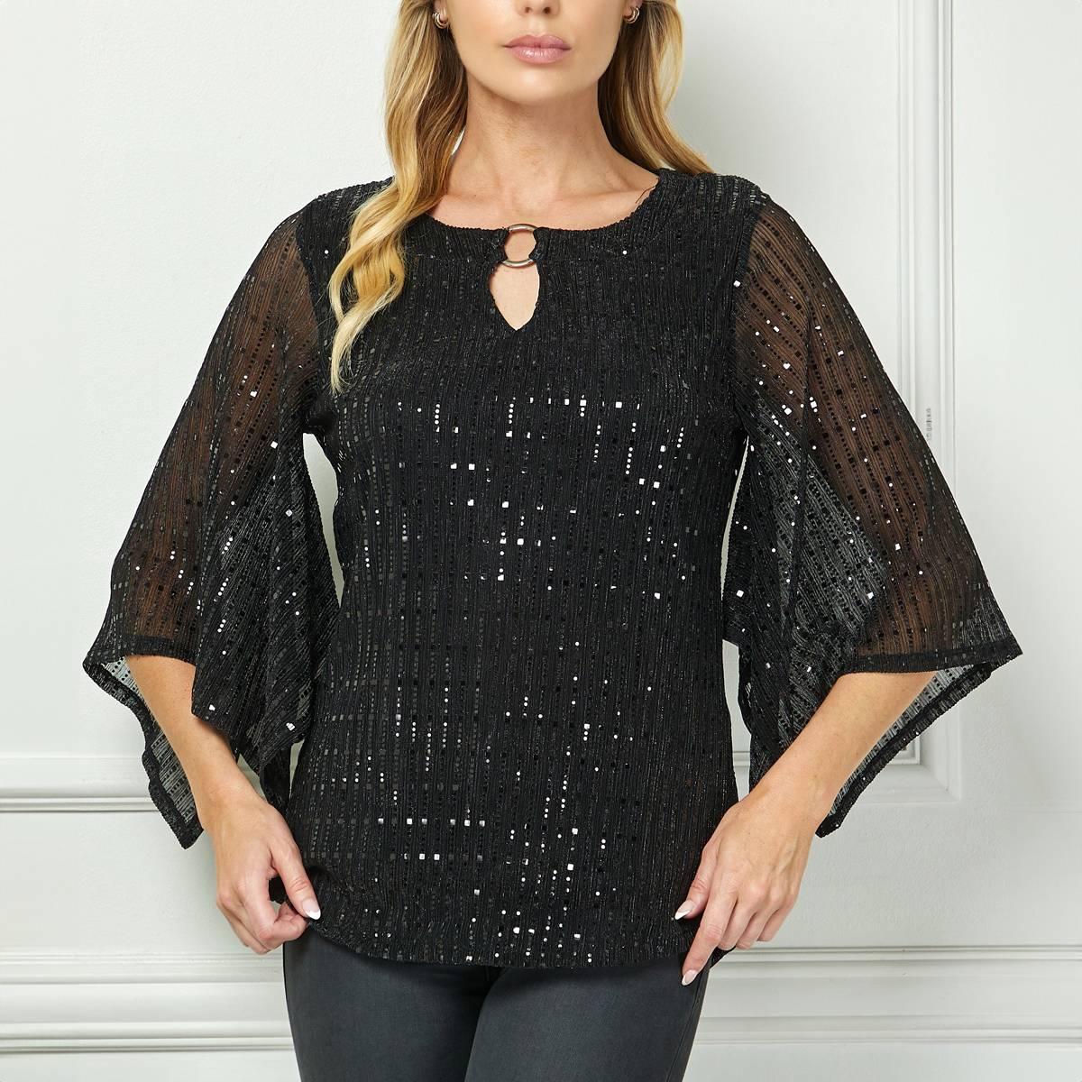 Womens Sara Michelle 3/4 Sleeve Moonlight Sequin Blouse