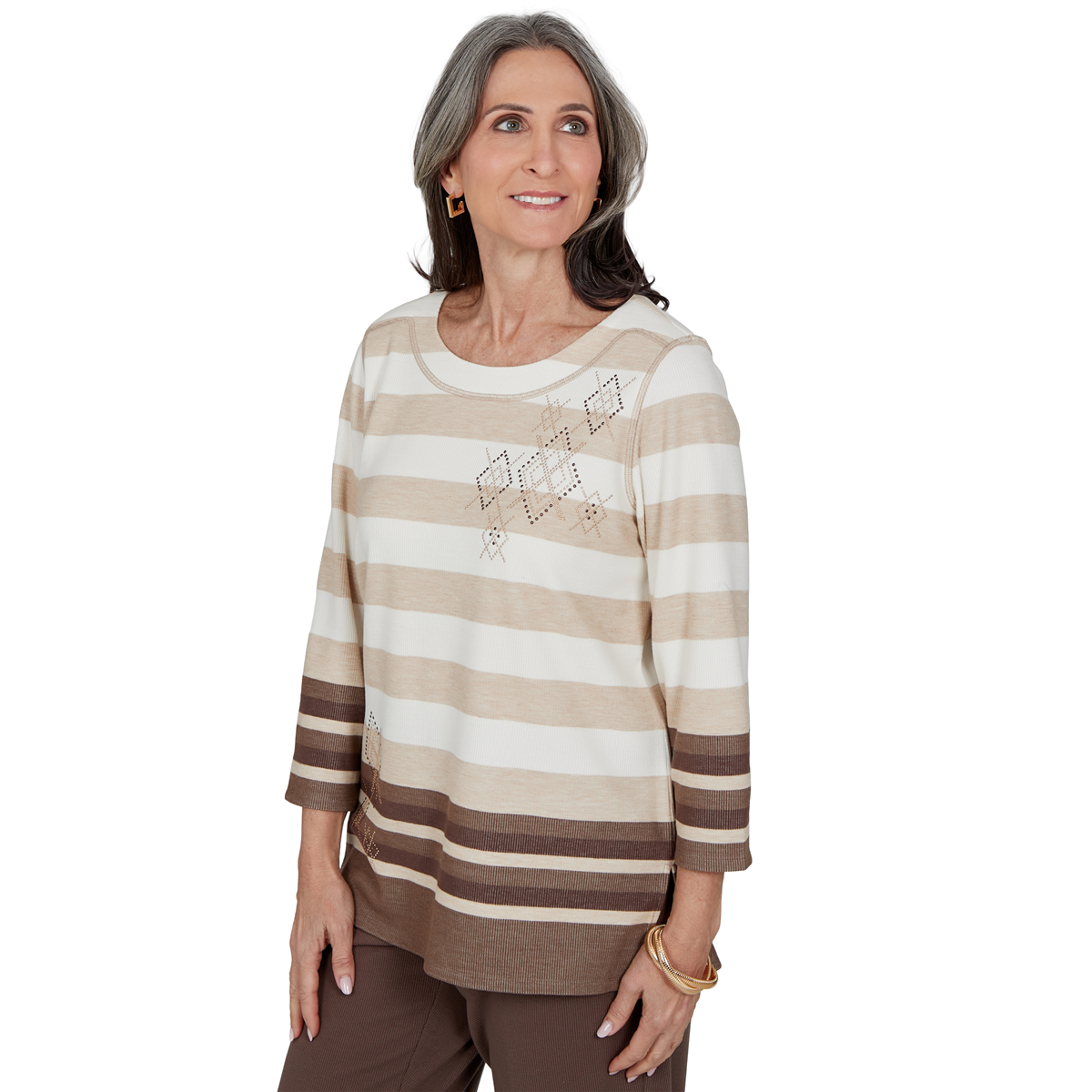 Petite Alfred Dunner Luxe Be A Lady 3/4 Sleeve Stripe Blouse