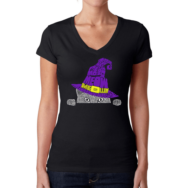 Womens LA Pop Art Peeking Witch Cat - Word Art V-Neck T-Shirt - image 