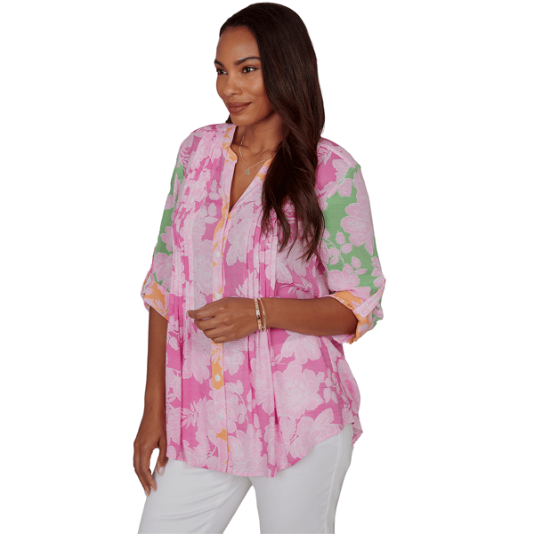 Womens Ruby Rd. Hothouse Florals Roll Tab Sleeve Blouse