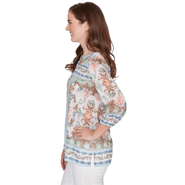 Womens Ruby Rd. Seas The Day 3/4 Sleeves Coastal Ocean Blouse