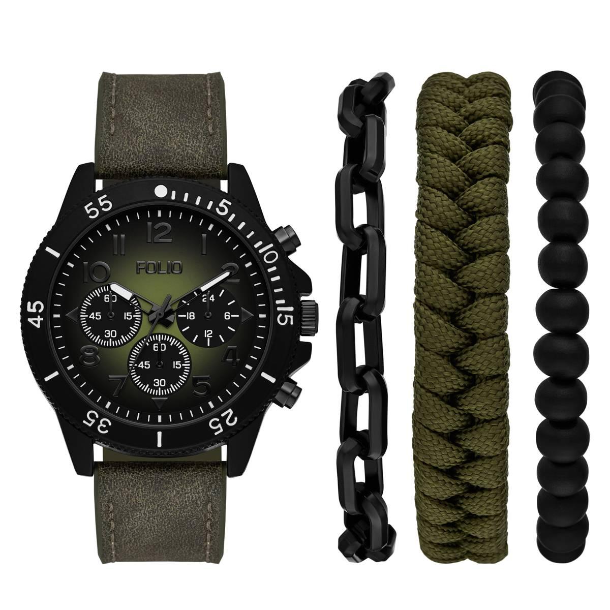 Mens Folio Green Sunray Dial Watch & Bracelet Set - FMDFL6096