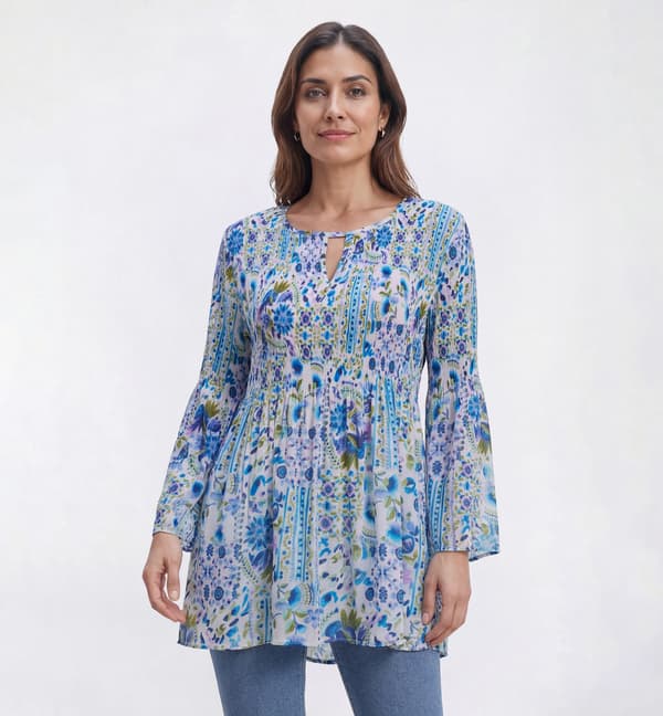Womens Floral & Ivy 3/4 Sleeve Keyhole Neck Floral Blouse