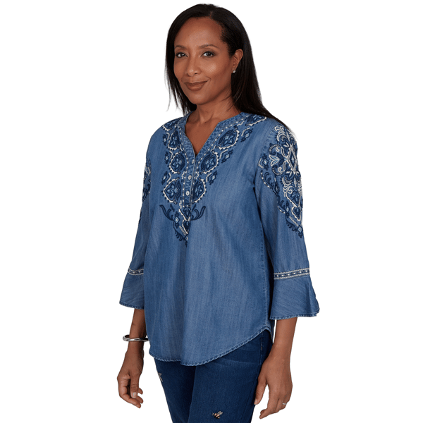 Womens Alfred Dunner Tuscany 3/4 Sleeve Embroidered Henley Blouse