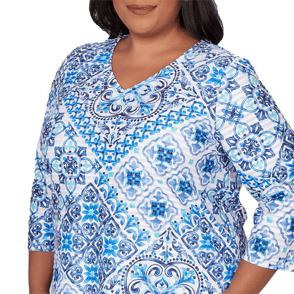 Plus Size Alfred Dunner Mykonos 3/4 Sleeve Medallion Blouse