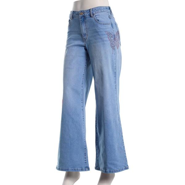 Juniors No Comment Pressed Rhinestone Mid Rise Wide Leg Jeans - image 