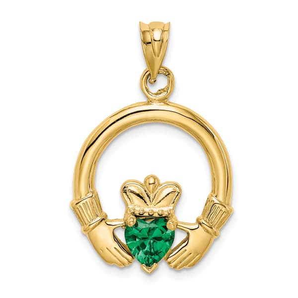 Unisex Gold Classics&#40;tm&#41; 14kt. Claddagh with Green Stone Pendant - image 