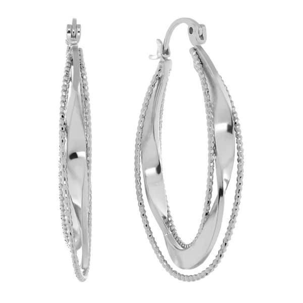 Fine Silver Plated 22mm Oval Beaded Edge Twist Hoop Earrings