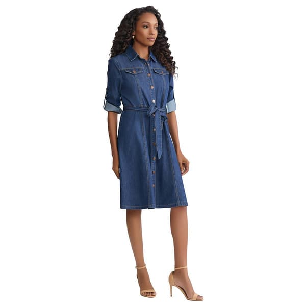 Womens Jones New York Roll Tab Sleeve Belted Shirt Dress - image 