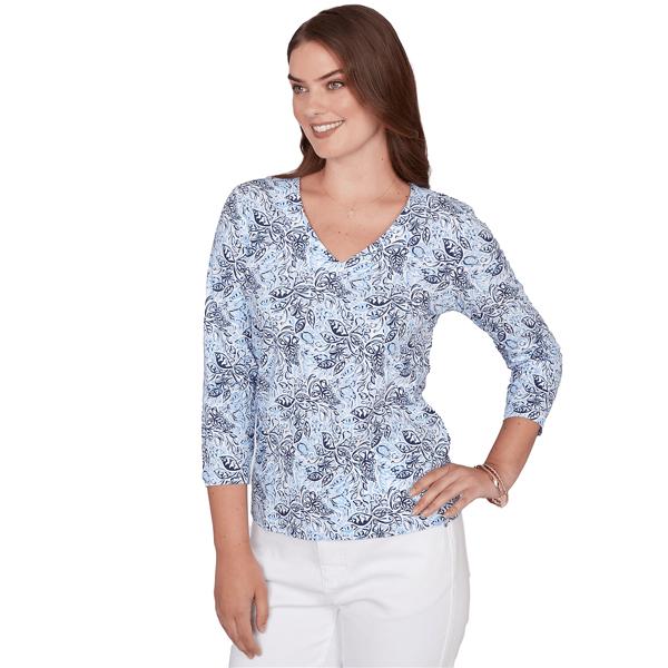 Petite Hearts of Palm Printed Essentials V Neck Floral Blouse