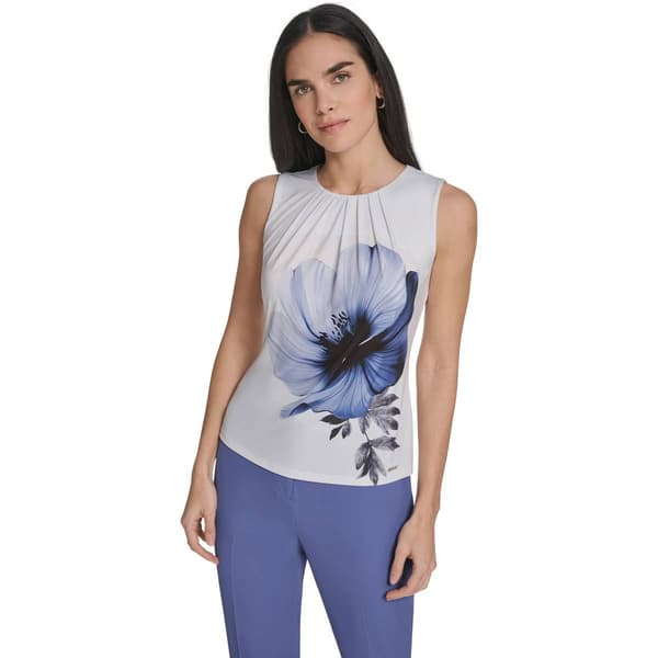 Petites Calvin Klein Sleeveless Pleat Front Large Placed Flower - image 