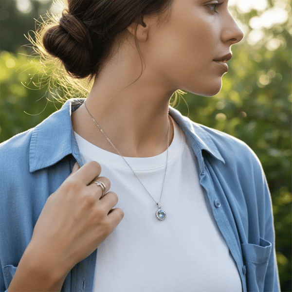 Saffron 1ctw. Turquoise Moissanite Diamond Halo Pendant Necklace