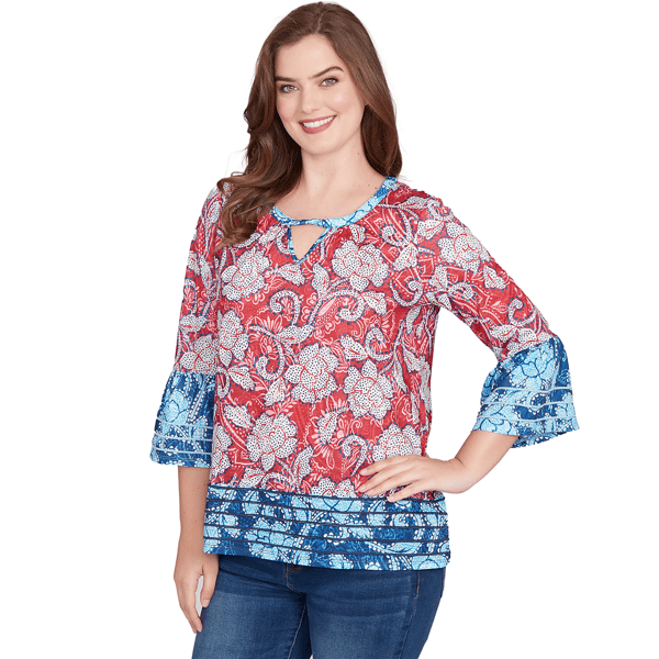 Womens Ruby Rd. Indigo Go Floral Paisley Flounce Sleeve Blouse