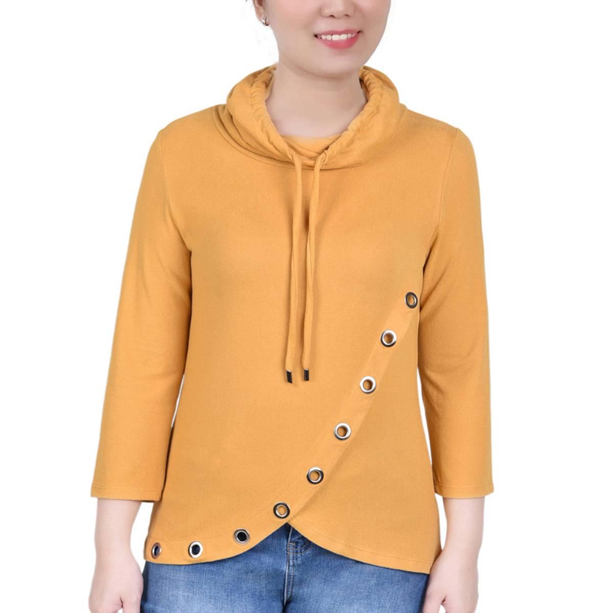 Petite NY Collection 3/4 Sleeve Cowl Neck w/Drawstring Blouse