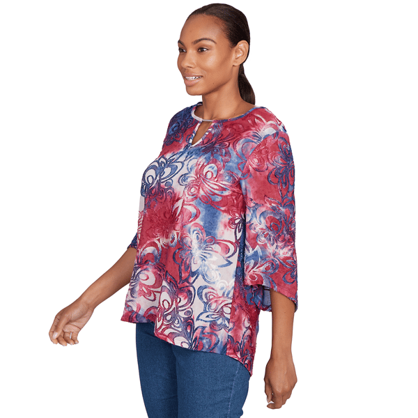 Petite Ruby Rd. Indigo Go Tie Dye Floral Keyhole Neck Blouse