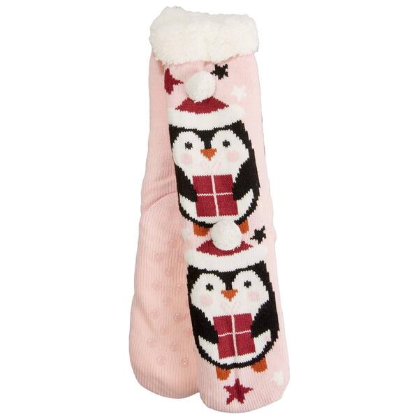 Womens Fuzzy Babba Long Holiday Penguin Slipper Socks - image 