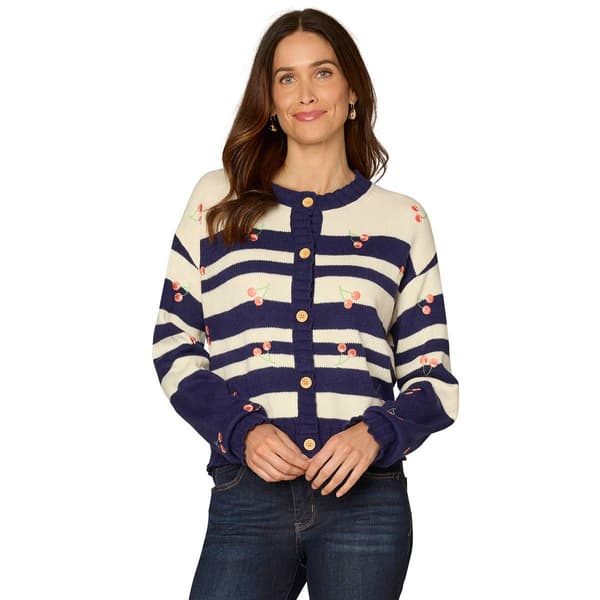 Womens Democracy Button Stripe Embroidery Cherry Cardigan - image 