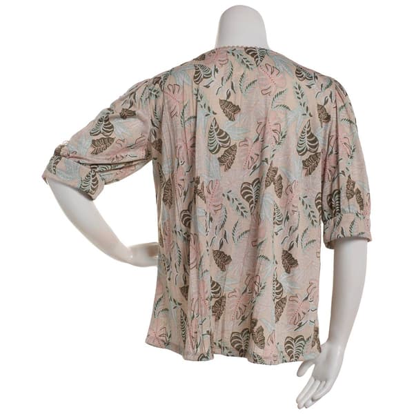 Plus Size One Step Up Elbow Sleeve Tie Neck Trim Leaf Blouse