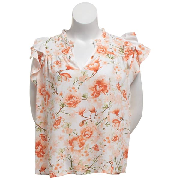 Plus Size Como Black Cap Double Flutter Sleeve Floral Blouse