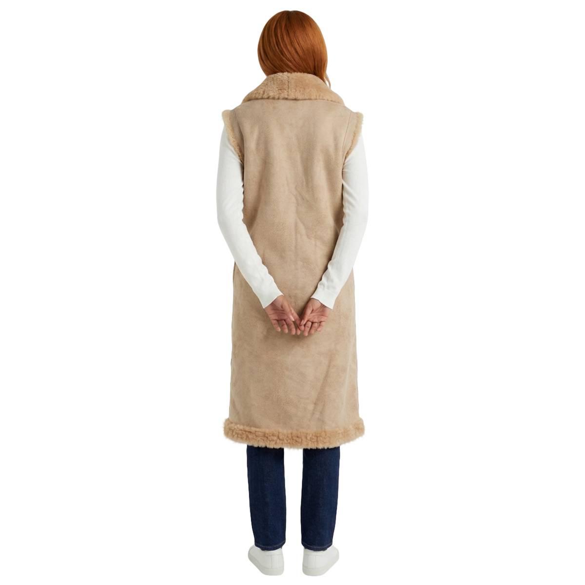 Womens Modena Faux Curly Faux Lamb Long Vest with Belt