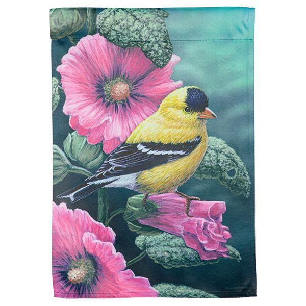 Evergreen Goldfinch on Hollyhocks Suede Garden Flag - image 