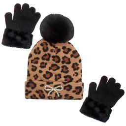 Girls OMG Leopard Pearl Bow Hat w/ Gloves