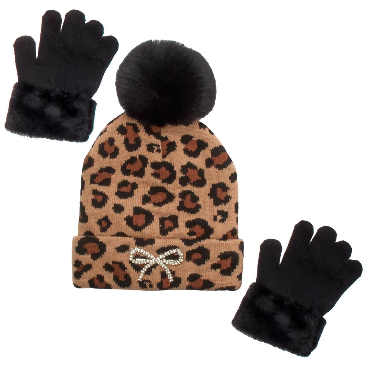 Girls OMG Leopard Pearl Bow Hat w/ Gloves