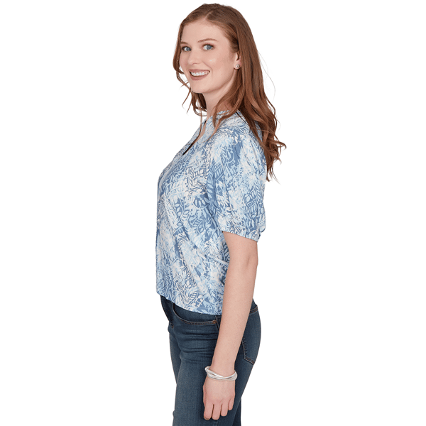 Womens Skye’s the Limit Sunny Blue Skies Tie Dye Leaf Blouse