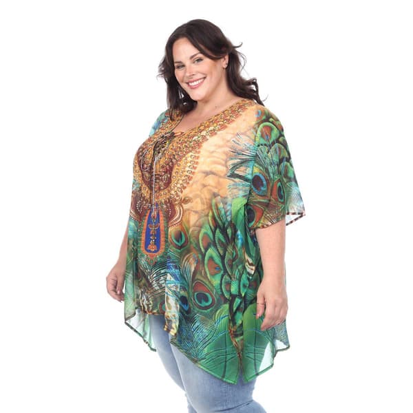 Plus Size White Mark Abstract Peacock Short Caftan Tunic