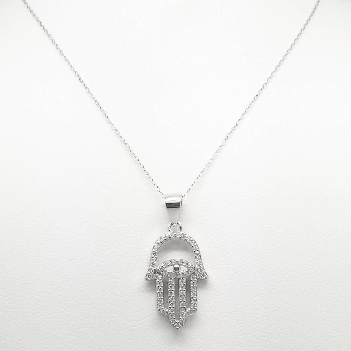 Sterling Silver Diamond Simulate Hamsa Hand Pendant Necklace