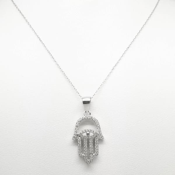 Sterling Silver Diamond Simulate Hamsa Hand Pendant Necklace - image 